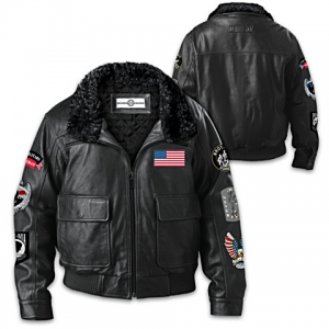Leather Aviator Jacket With Patches And Embroidered Accents
