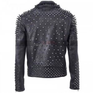 Men Silver Spike Punk Style Studded Black Brando motorcycle Leather Jacket