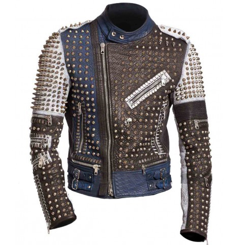 Mens Golden Studded Multi Color Motorcycle Leather Jacket