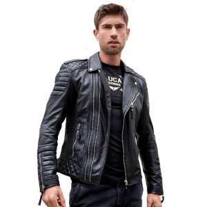 Mens Quilted Black Leather Motorcycle Jacket