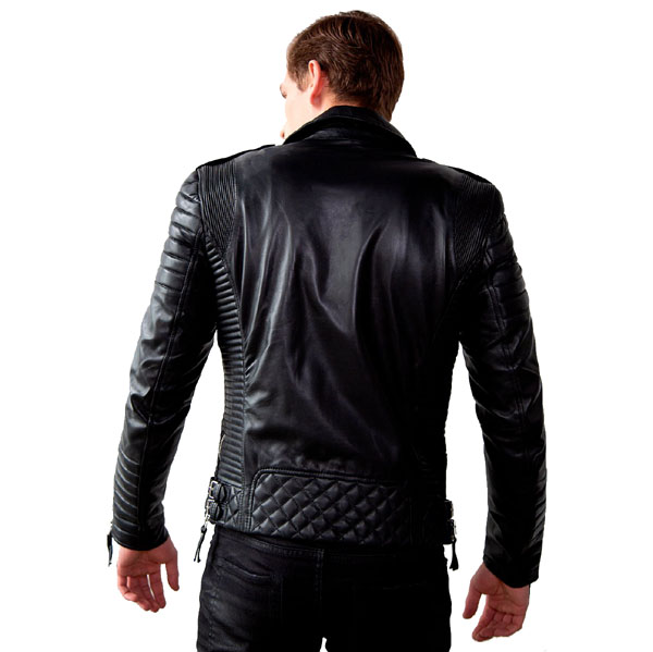 Mens Quilted Black Leather Motorcycle Jacket 8