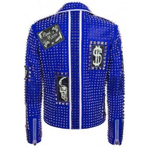 Philipp Plein Funky Punk Rock Patches Blue Leather Jacket