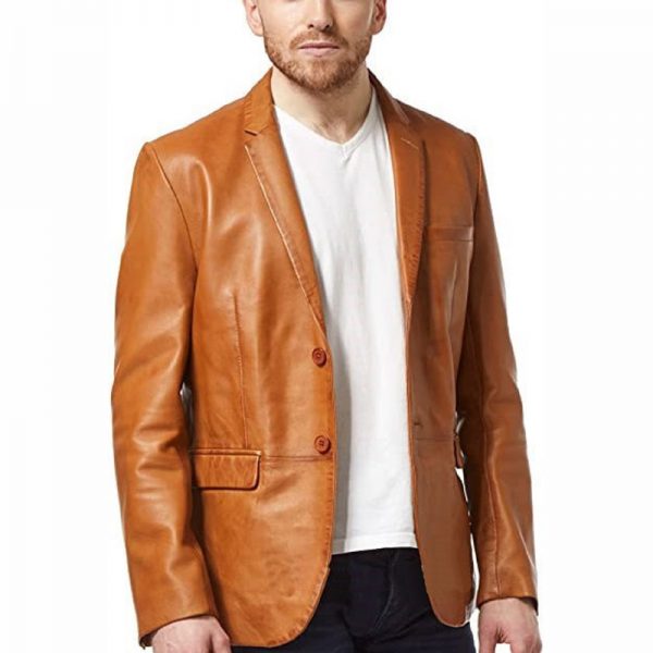 Mens Tan Genuine Lamb Leather Blazer Jacket