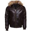 Brown V Bomber style Puffer Winter Leather Jacket with fur collar