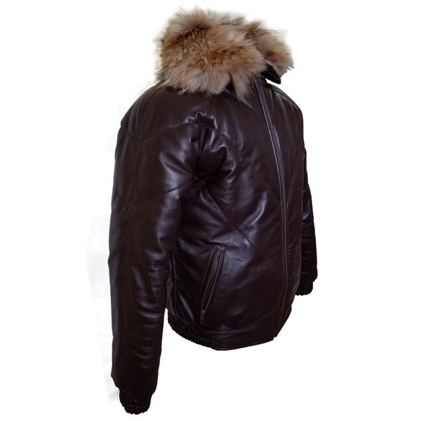 Brown V Bomber style Puffer Winter Leather Jacket with fur collar 2