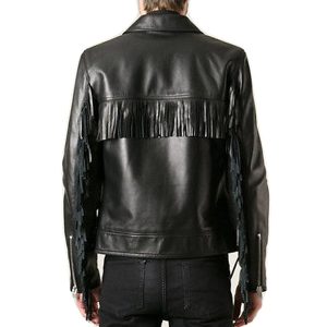 Men Handmade Black western Fringe Leather Jacket back