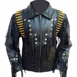Men Western Leather jacket cow leather black color bone and stone