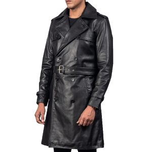 Mens Black Leather Duster Coat Side