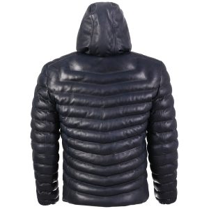 Mens Bubble Puffer Leather Jacket with Hoody Dark Navy Blue 4