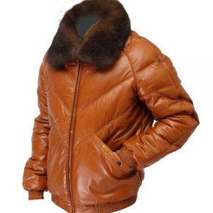 Men's Bubble puffer V-Bomber Cognac Sheepskin Leather Jacket Removable Fur Colar 2