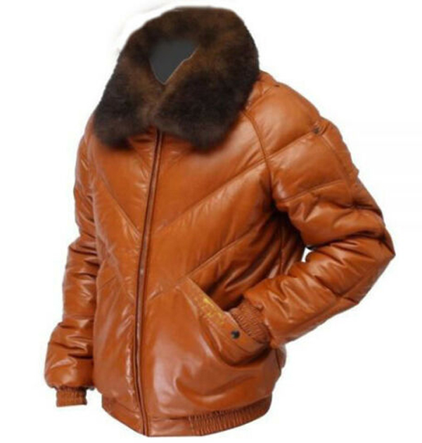Men's Bubble puffer V-Bomber Cognac Sheepskin Leather Jacket Removable Fur Colar 2