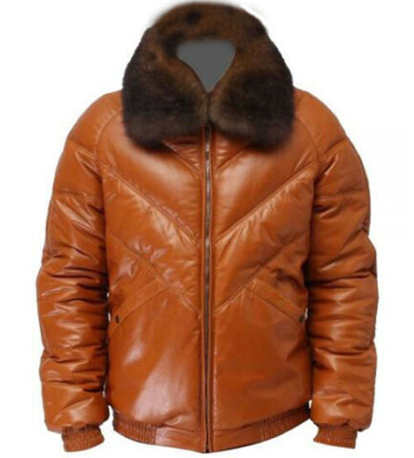 Men's Bubble puffer V-Bomber Cognac Sheepskin Leather Jacket Removable Fur Colar