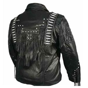 Mens Cowboy Genuine Real Leather Fringes Western Leather Jacket Black 2