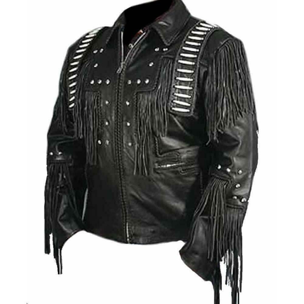 Mens Cowboy Genuine Real Leather Fringes Western Leather Jacket Black