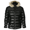 Mens Puffer Black Leather Jacket with Fur Hoodie