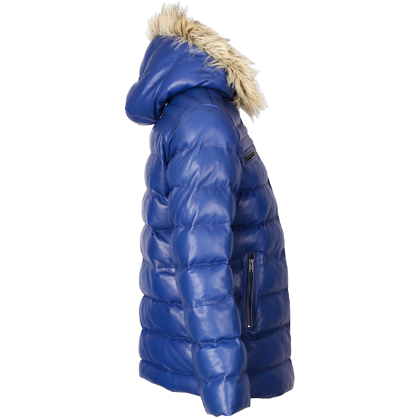 Mens Puffer Blue Leather Jacket with Fur Hoodie 3