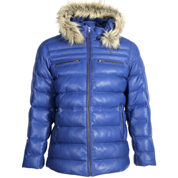 Mens Puffer Blue Leather Jacket with Fur Hoodie