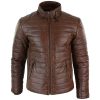 Mens Real Leather Genuine Quilted Puffer Zipped Jacket Brown Casual