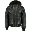 Mens Puffer Bomber Black Genuine Sheepskin Leather Jacket Detachable Hooded