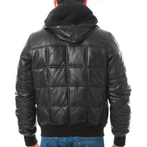 Mens Puffer Bomber Black Genuine Sheepskin Leather Jacket Detachable Hooded Back