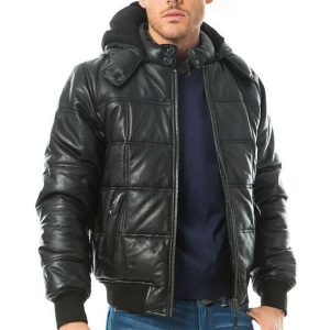 Mens Puffer Bomber Black Genuine Sheepskin Leather Jacket Detachable Hooded Side