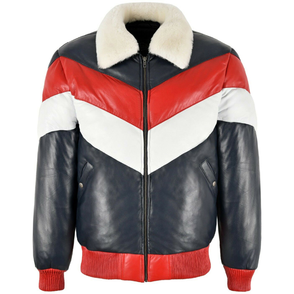 Mens Puffer Two Tone Real Leather V Bomber Jacket