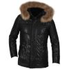 Mens Real Leather Warm Puffer Jacket Fox Fur Hood inner Faux Fur Lining Winter