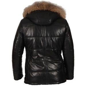 Mens Real Leather Warm Puffer Jacket Fox Fur Hood inner Faux Fur Lining Winter Back