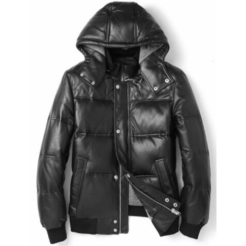 Mens Winter Down Bomber Genuine Leather Jacket Warm Coat Detachable Hooded