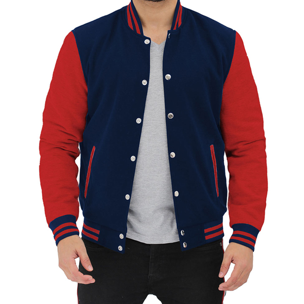 Navy blue and red varsity jacket