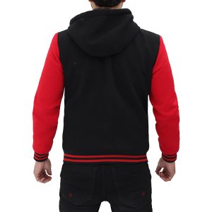 Red and black varsity jacket with hood