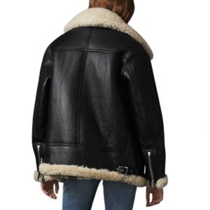 Women Ivory Shearling Black Leather Aviator Jacket