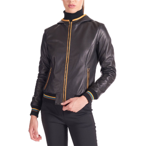 Womens Black Leather Bomber Hooded Jacket