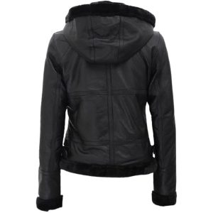 Womens Fur Hooded Black Leather Jacket