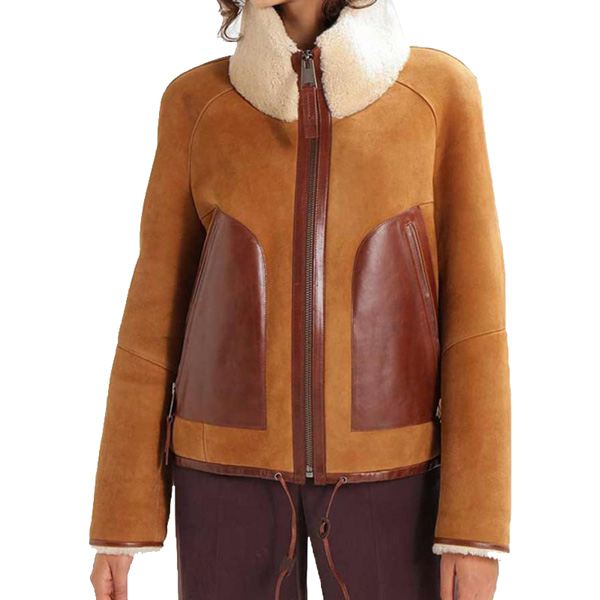 Buy Womens Shearling Collar Brown Suede Leather Jacket