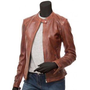 Womens Tan Leather Biker Jacket