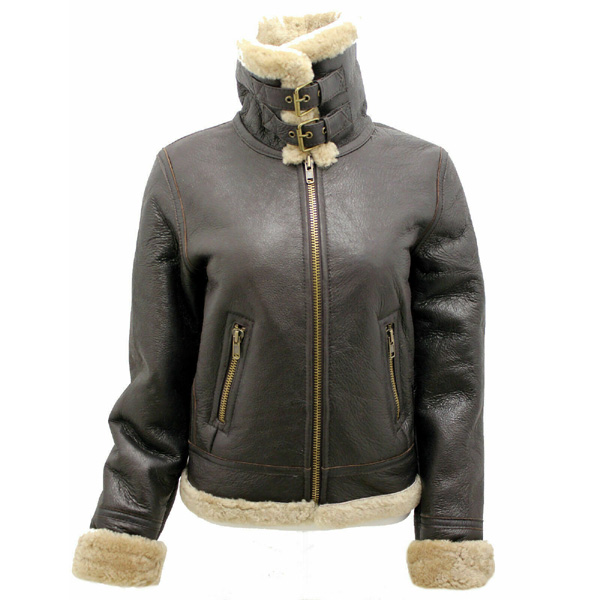 Womens Brown B3 WW2 Ginger Real Thick Sheepskin Leather Flying Jacket collar