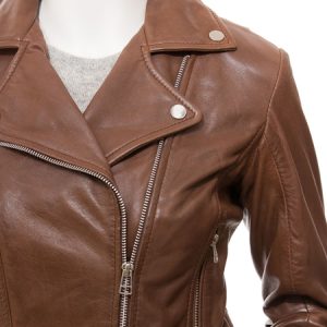 Womens Brown Leather Biker Jacket zoom