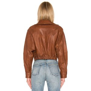 Womens Brown Leather Bomber Style Jacket Back