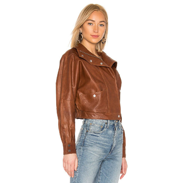 Womens Brown Leather Bomber Style Jacket side