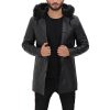 black leather coat with fur hood