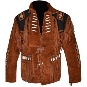 cowboy western leather jacket coat with fringe bone