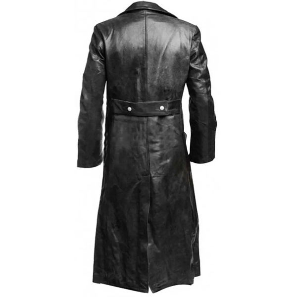 mens genuine leather military long coat back