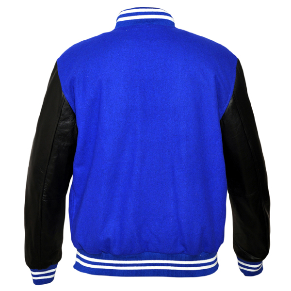 premium varsity collar lightweight jacket wool and real leather sleeves black blue back view