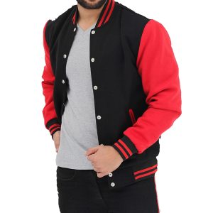 red and black varsity baseball jacket