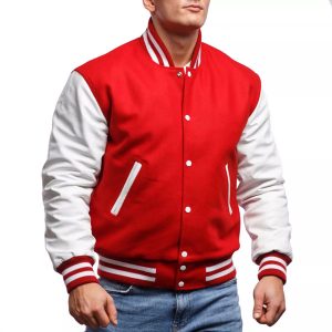 scarlet wool body white leather sleeves letterman jacket