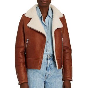 shearling lined leather aviator jacket brown front