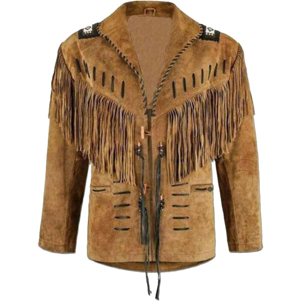 traditional cowboy western leather jacket with fringe bone and beads