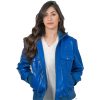 womens leather bomber jacket blue front