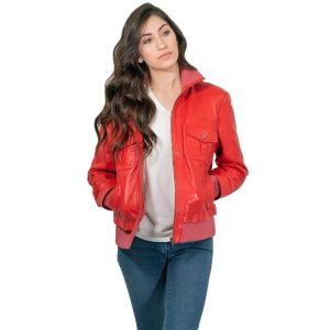 womens leather bomber jacket red front